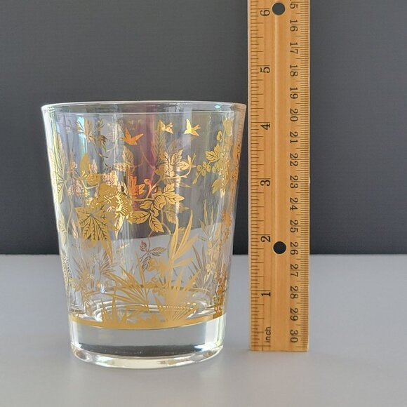 Vintage MCM Clear & 22K Gold Foil Leaves Double Old Fashioned Tumbler Set of 2 - Picture 8 of 10